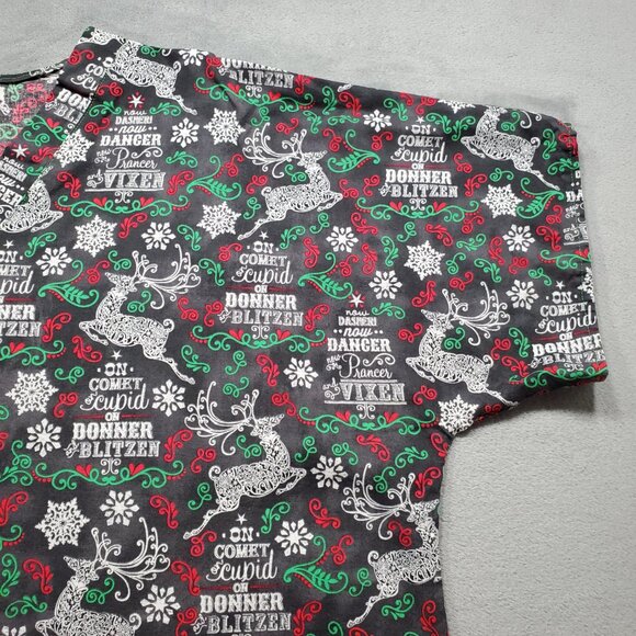 Handmade Vneck Top Reindeer Theme of Christmas Black White Red Green Wm Sz L - Picture 5 of 9